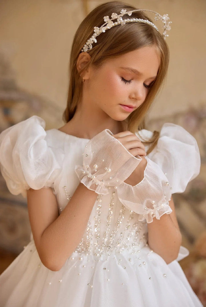 Sunnypetal Elegant Puff-Sleeve Organza Flower Girl Dress with Big Bow