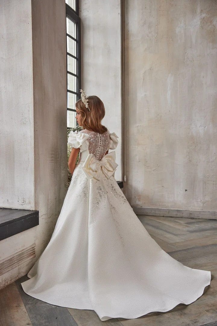 Sunnypetal Elegant Puff Sleeves Bow-Embellished Flower Girl Dress with Sparkling Beads
