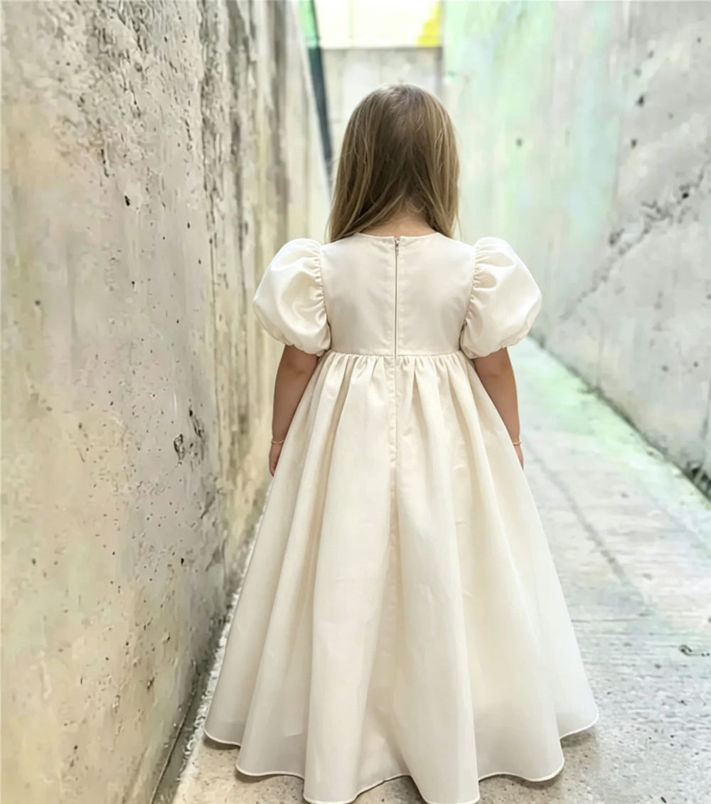 Sunnypetal Elegant Puffy Sleeve Satin Floor-Length Princess Flower Girl Dresses