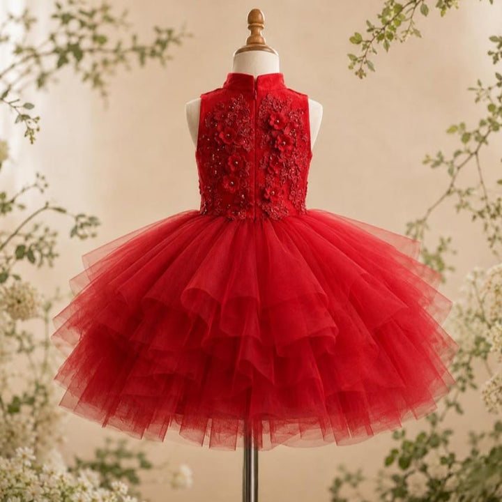 Sunnypetal Elegant Red Floral Tulle Ball Gown Flower Girl Dress with 3D Appliqués