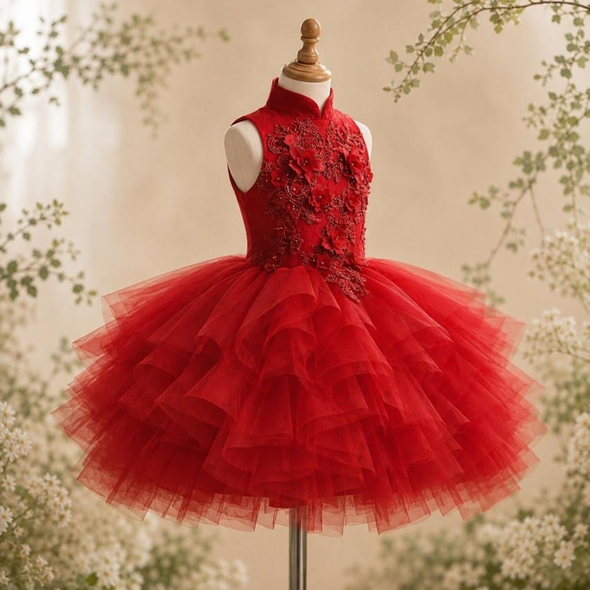 Sunnypetal Elegant Red Floral Tulle Ball Gown Flower Girl Dress with 3D Appliqués