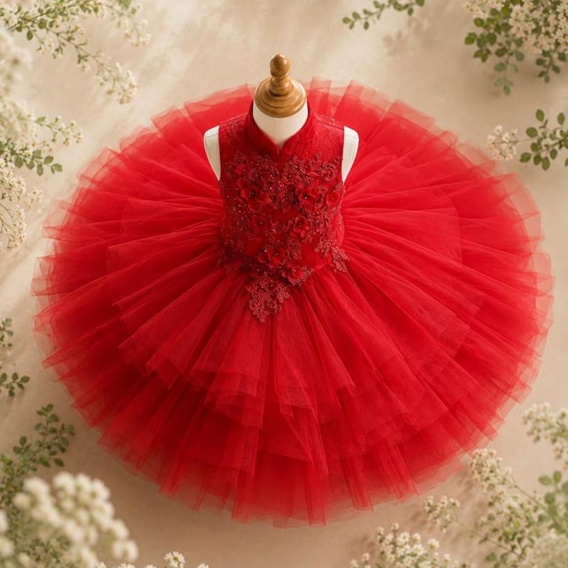 Sunnypetal Elegant Red Floral Tulle Ball Gown Flower Girl Dress with 3D Appliqués