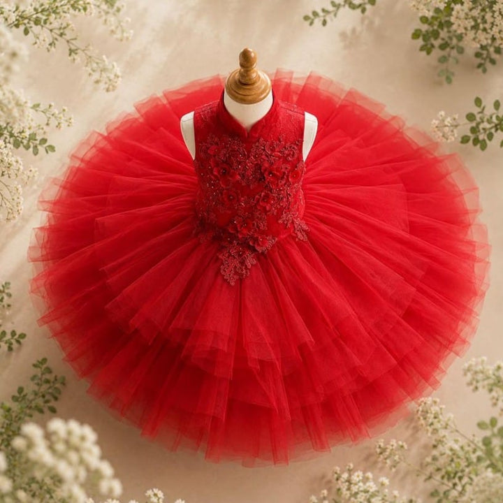 Sunnypetal Elegant Red Floral Tulle Ball Gown Flower Girl Dress with 3D Appliqués