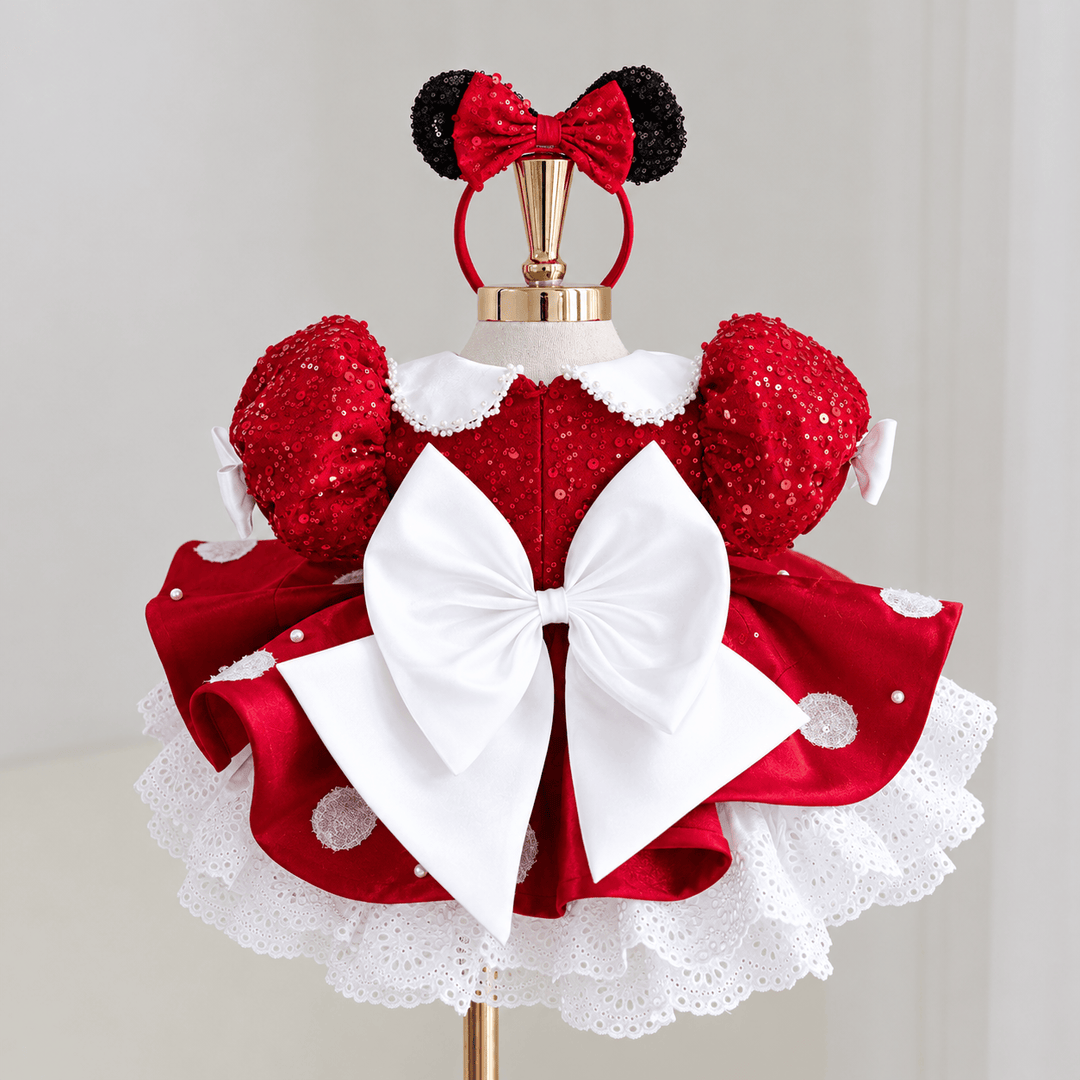 Sunnypetal Elegant Red Sequin Birthday Dress for Girls with Oversized Bow