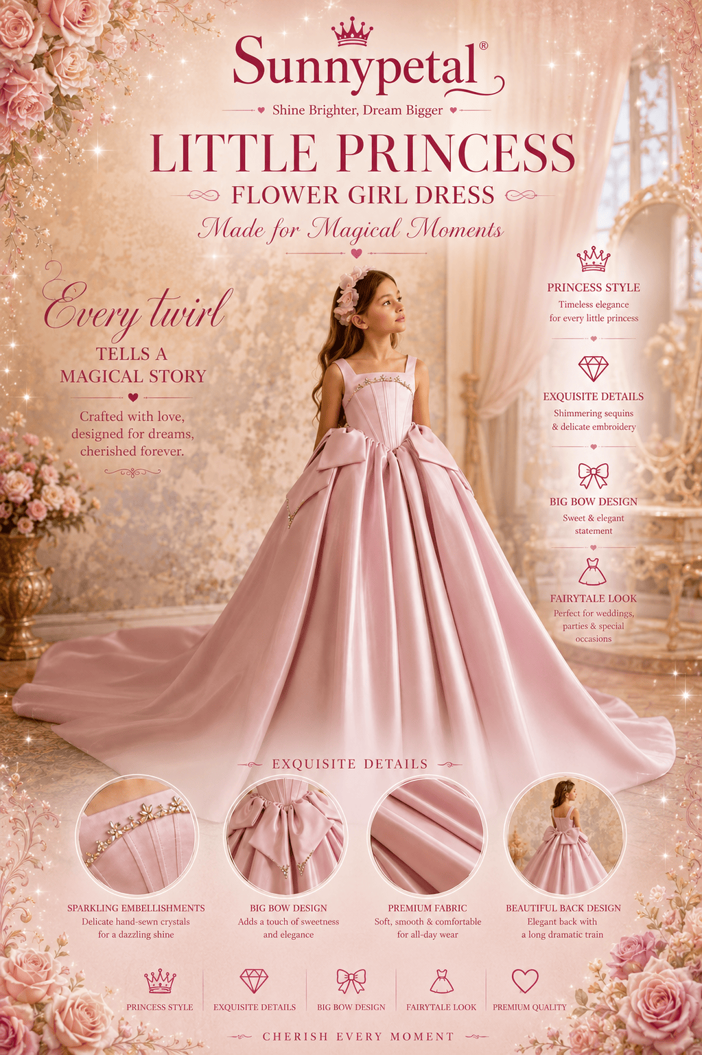 Sunnypetal Elegant Satin Flower Girl Gown with Dramatic Side Bows and Crystals