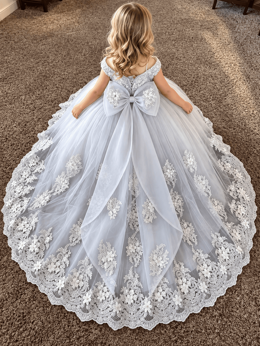 Sunnypetal Elegant Silver Lace Tulle Ball Gown Flower Girl Dress with Oversized Bow