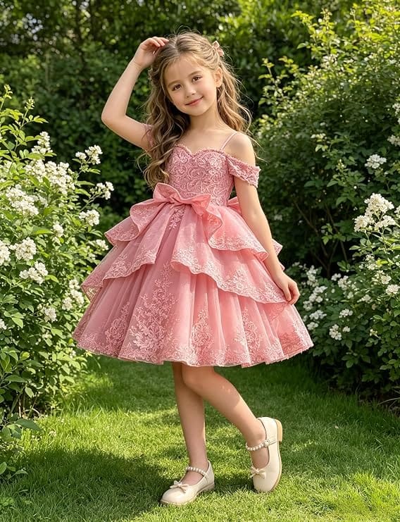 Sunnypetal Elegant Sweetheart Lace Applique Princess Bow Flower Girl Pageant Dress