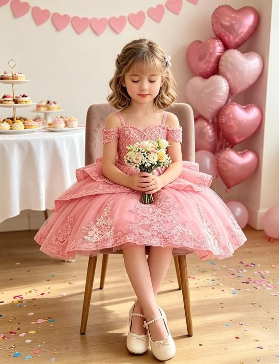 Sunnypetal Elegant Sweetheart Lace Applique Princess Bow Flower Girl Pageant Dress