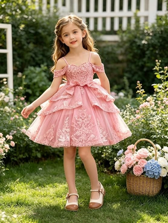 Sunnypetal Elegant Sweetheart Lace Applique Princess Bow Flower Girl Pageant Dress