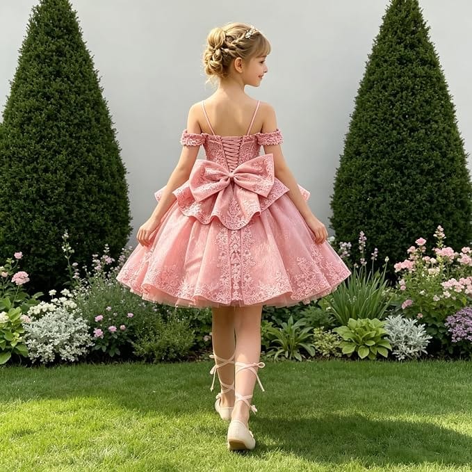 Sunnypetal Elegant Sweetheart Lace Applique Princess Bow Flower Girl Pageant Dress