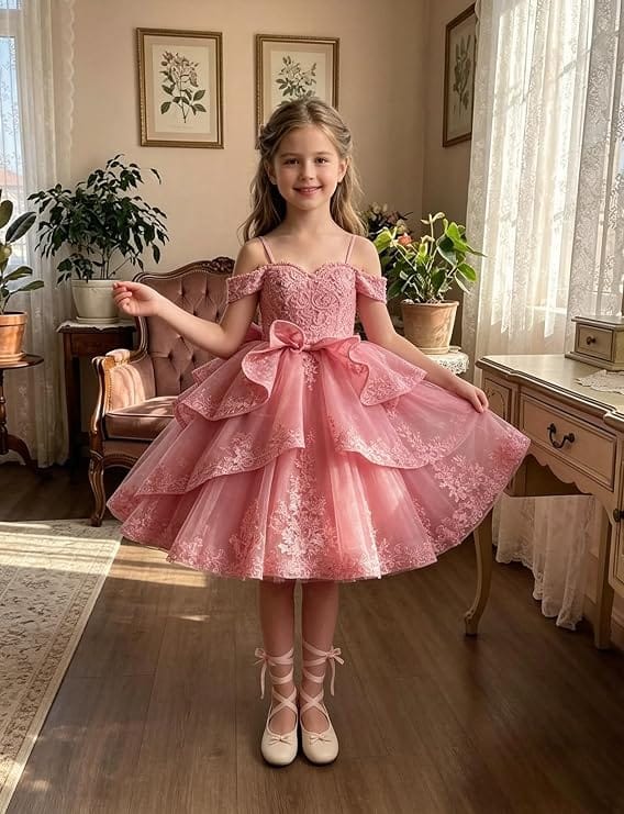Sunnypetal Elegant Sweetheart Lace Applique Princess Bow Flower Girl Pageant Dress