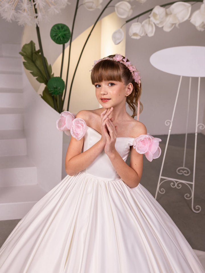 Sunnypetal Elegant Sweetheart Off-the-Shoulder Satin Flower Girl Dress with 3D Floral