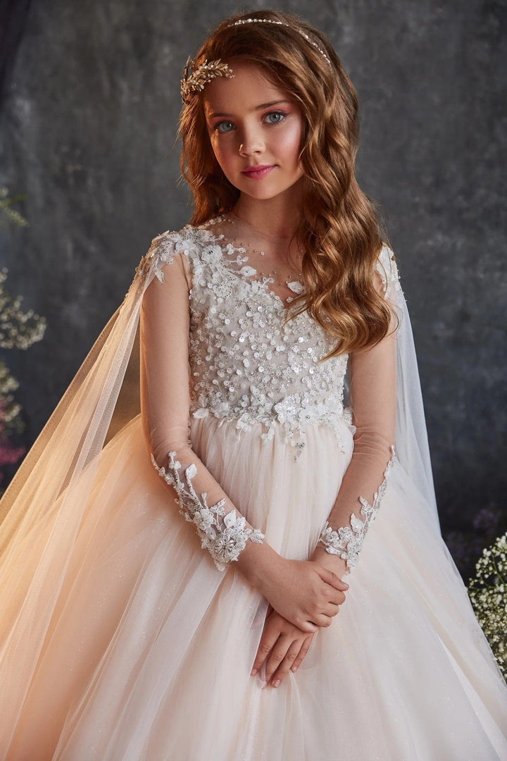 Sunnypetal Elegant Tulle Flower Girl Dress Communion Pageant Gown with Cloak Sleeves