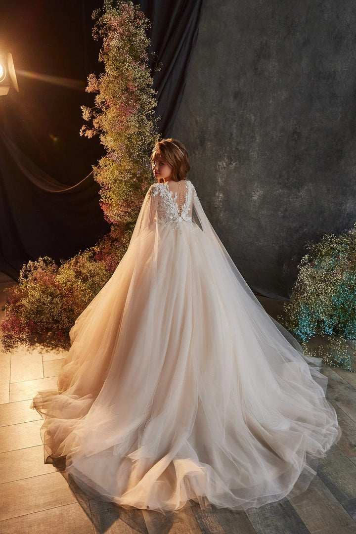 Sunnypetal Elegant Tulle Flower Girl Dress Communion Pageant Gown with Cloak Sleeves