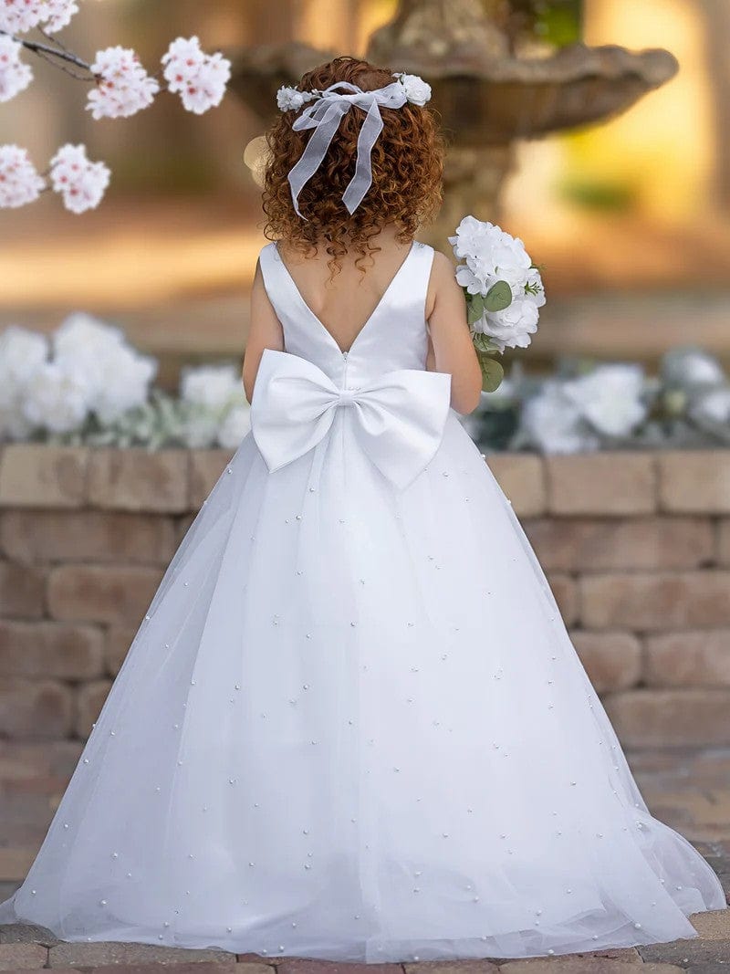 Sunnypetal Elegant V-Neck Satin/Tulle Princess Flower Girl Dress for Wedding Party