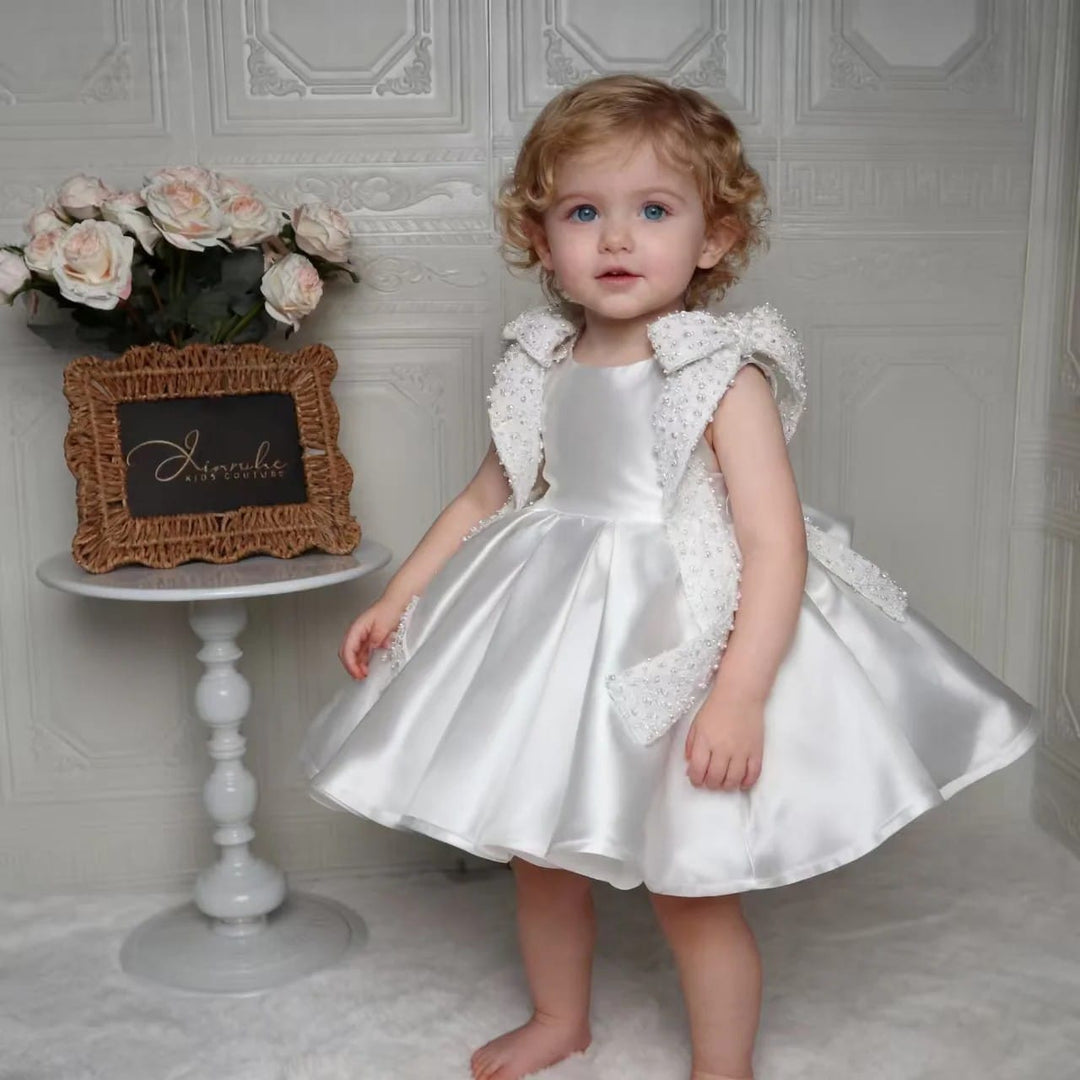 Sunnypetal Elegant White Pearl-Embellished Satin Flower Girl Dress for Weddings &amp; Baptisms