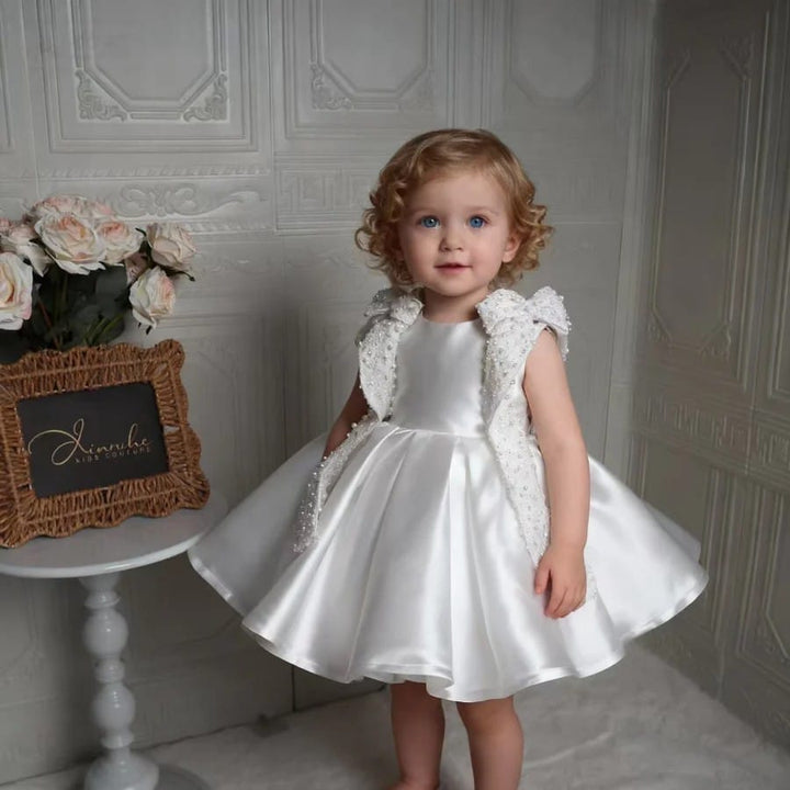 Sunnypetal Elegant White Pearl-Embellished Satin Flower Girl Dress for Weddings &amp; Baptisms