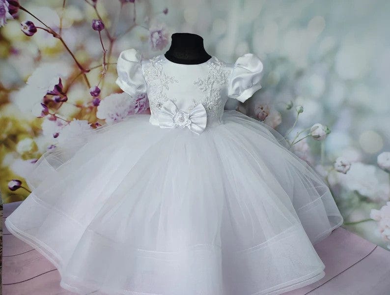 Sunnypetal Elegant White Puffy Tulle Baptism Dress for Baby Toddler Girl
