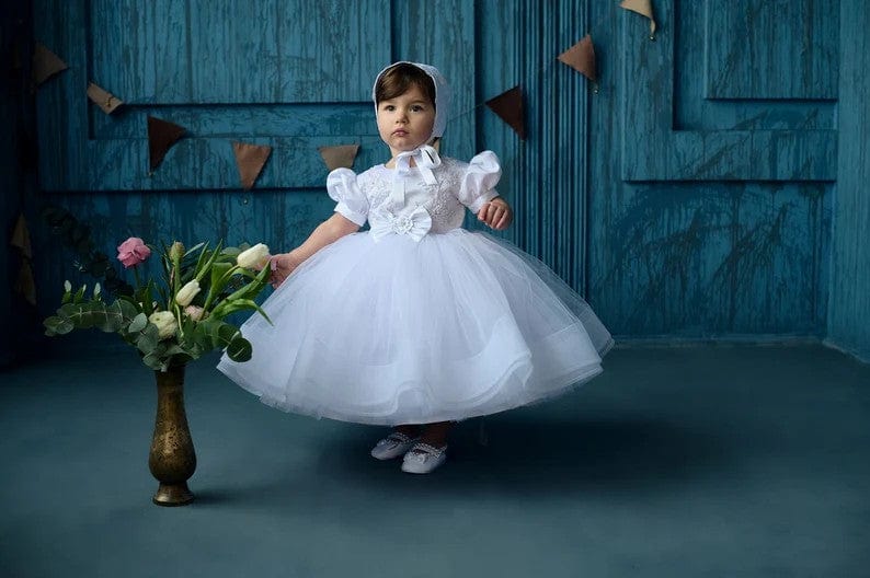 Sunnypetal Elegant White Puffy Tulle Baptism Dress for Baby Toddler Girl