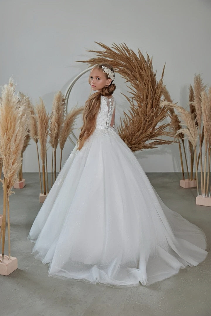 Sunnypetal Elegant White Tulle Flower Girl Dresses First Communion Gown with Sheer Sleeves