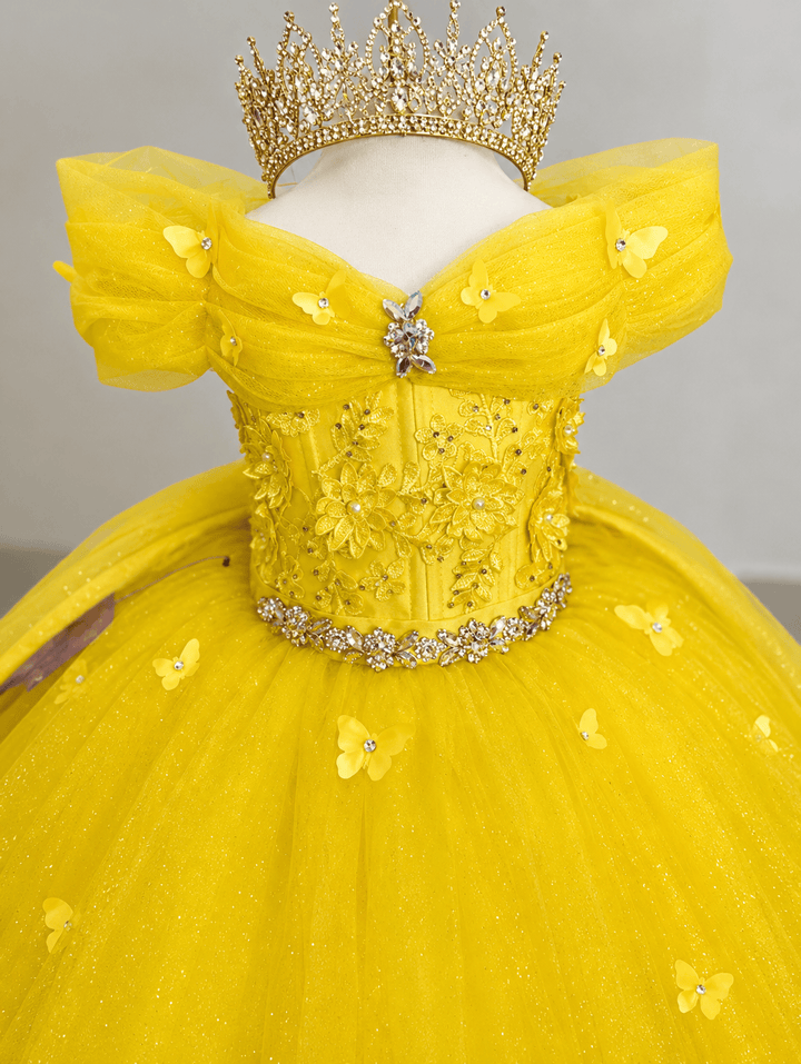 Sunnypetal Elegant Yellow Butterfly Princess Flower Girl Dress for Birthday Pageant