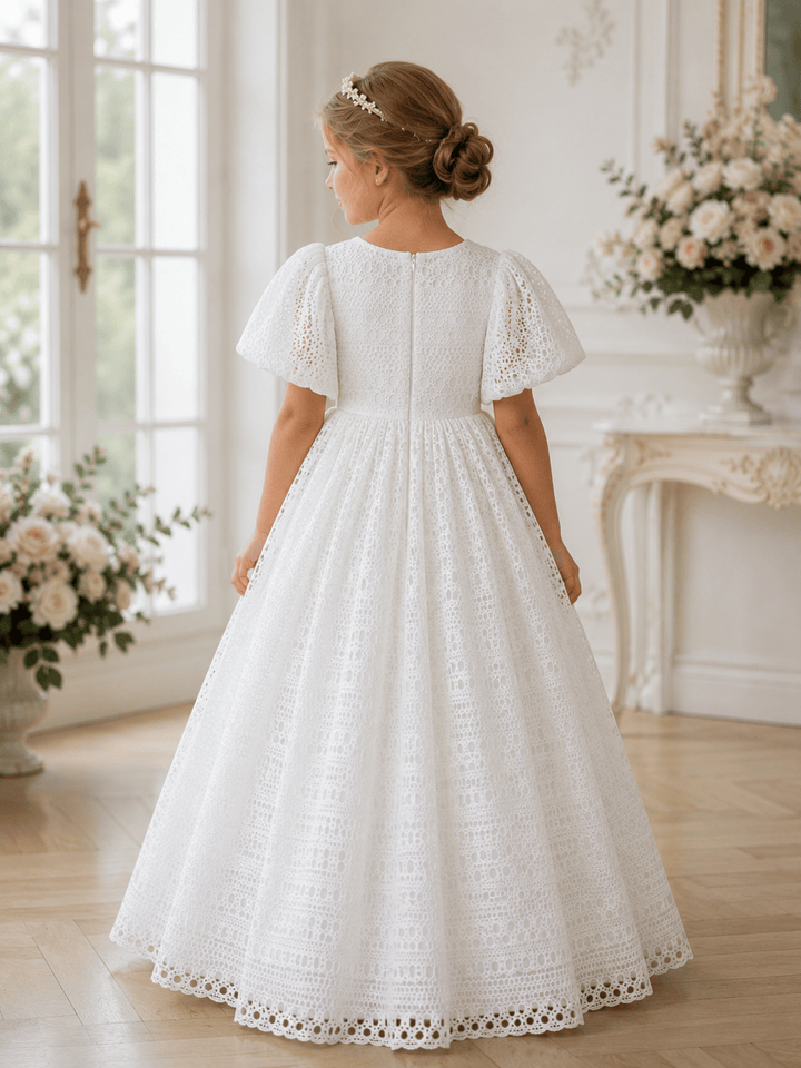 Sunnypetal Embroidery Hollow Out Lace Flower Girl Dresses High Waisted Toddler Gowns