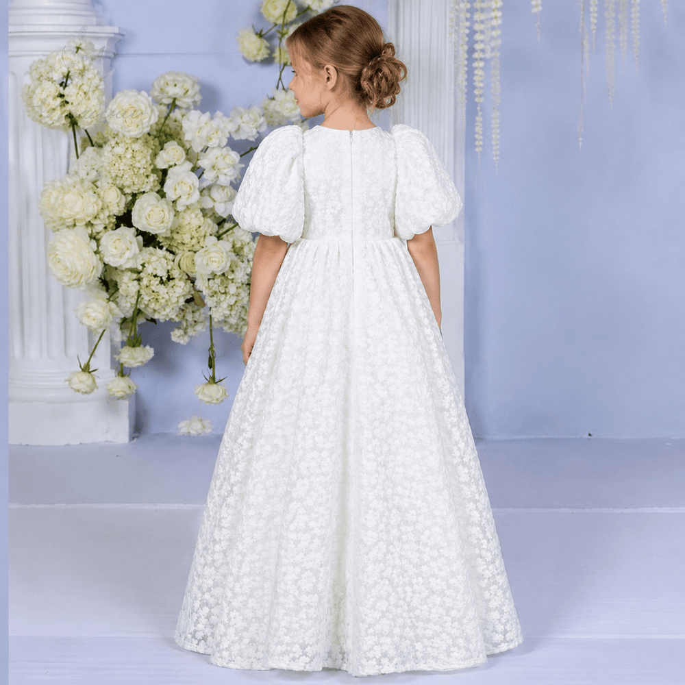 Sunnypetal Embroidery Hollow Out Lace Flower Girl Dresses Puff sleeves High Waisted Toddler Gowns