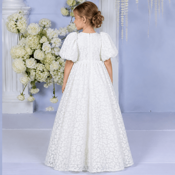 Sunnypetal Embroidery Hollow Out Lace Flower Girl Dresses Puff sleeves High Waisted Toddler Gowns