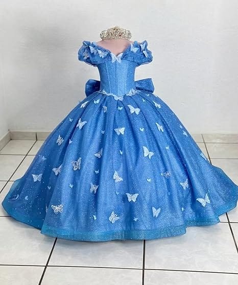 Sunnypetal Enchanted Blue Butterfly Princess Flower Girl Dress