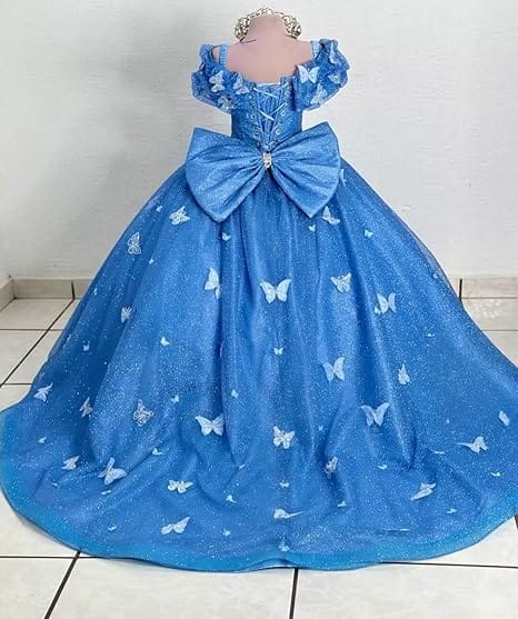 Sunnypetal Enchanted Blue Butterfly Princess Flower Girl Dress