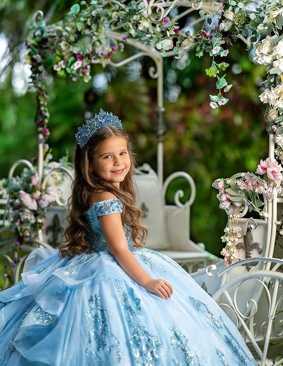 Sunnypetal Enchanted Blue Off-Shoulder Flower Girl Princess Ball Gown with Sparkling Appliqués