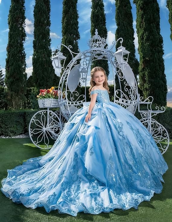 Sunnypetal Enchanted Blue Off-Shoulder Flower Girl Princess Ball Gown with Sparkling Appliqués