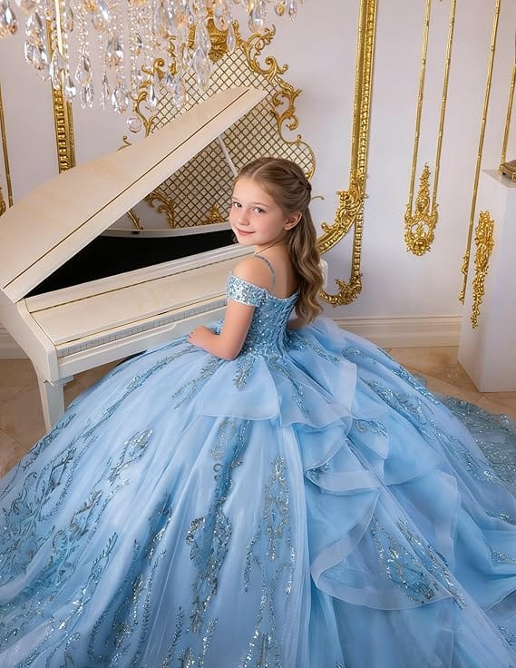 Sunnypetal Enchanted Blue Off-Shoulder Flower Girl Princess Ball Gown with Sparkling Appliqués