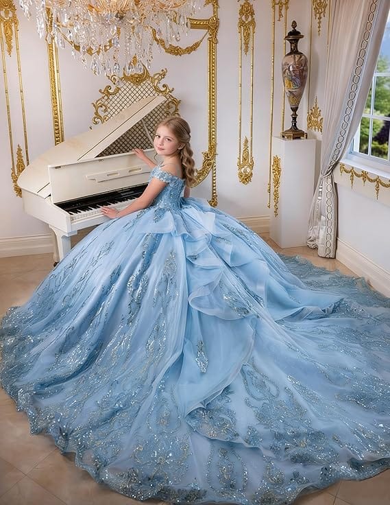 Sunnypetal Enchanted Blue Off-Shoulder Flower Girl Princess Ball Gown with Sparkling Appliqués