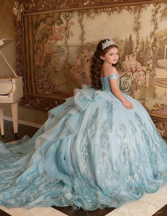 Sunnypetal Enchanted Blue Off-Shoulder Flower Girl Princess Ball Gown with Sparkling Appliqués