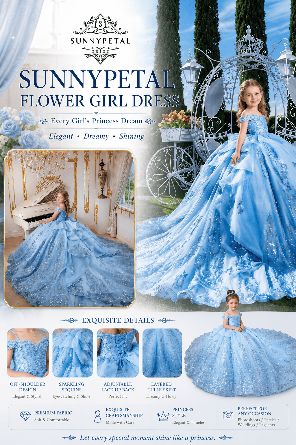 Sunnypetal Enchanted Blue Off-Shoulder Flower Girl Princess Ball Gown with Sparkling Appliqués