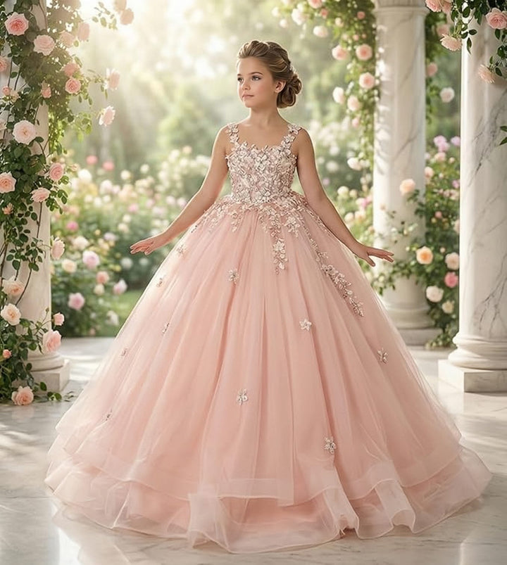Sunnypetal Enchanted Blush Floral Lace Ball Gown Flower Girl Dress for Special Occasions