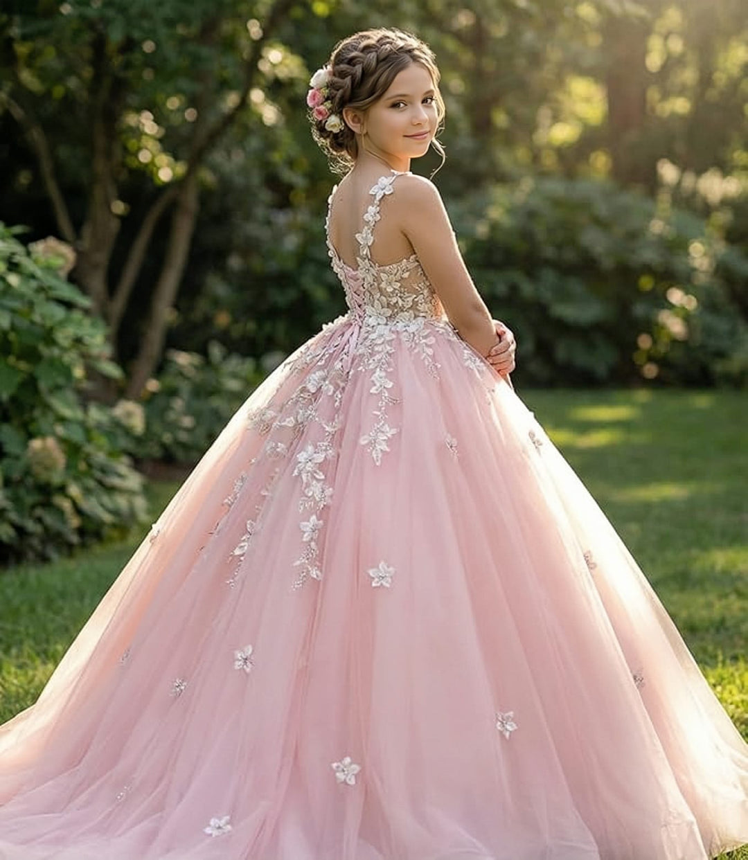 Sunnypetal Enchanted Blush Floral Lace Ball Gown Flower Girl Dress for Special Occasions