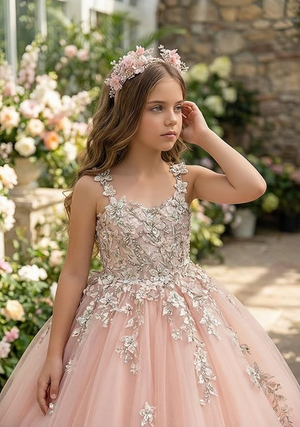 Sunnypetal Enchanted Blush Floral Lace Ball Gown Flower Girl Dress for Special Occasions
