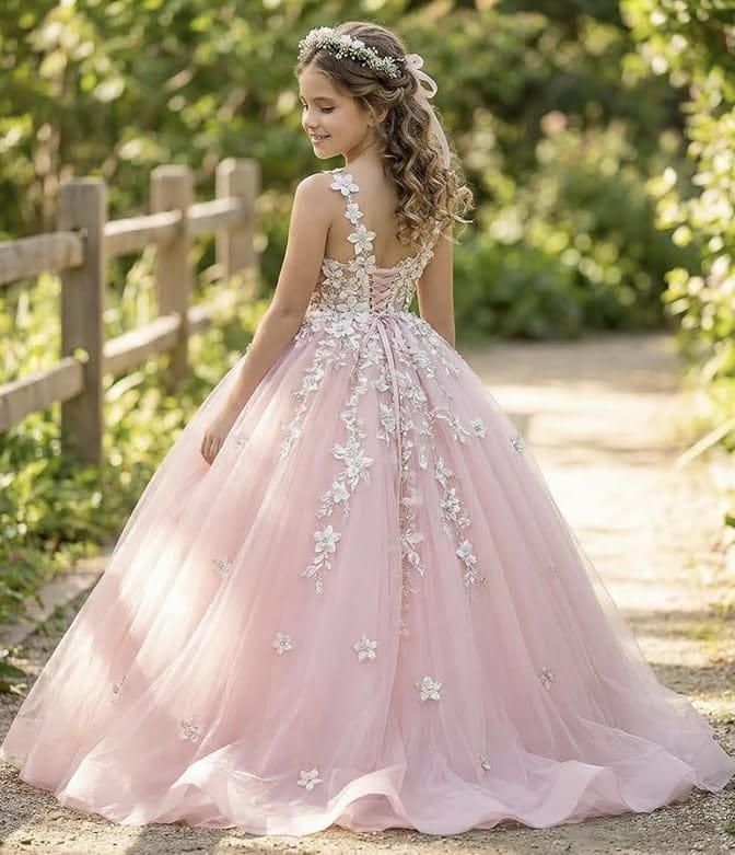 Sunnypetal Enchanted Blush Floral Lace Ball Gown Flower Girl Dress for Special Occasions