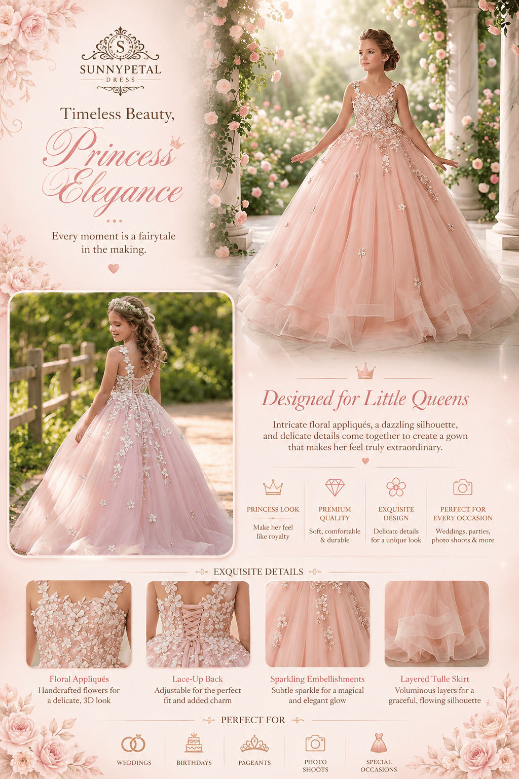 Sunnypetal Enchanted Blush Floral Lace Ball Gown Flower Girl Dress for Special Occasions