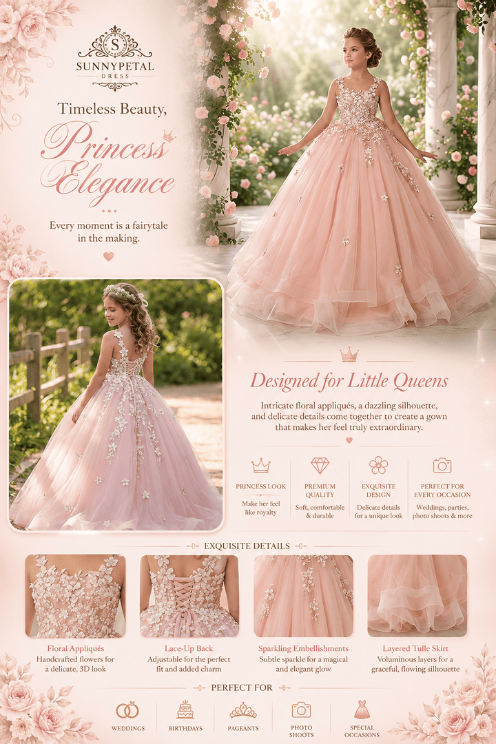 Sunnypetal Enchanted Blush Floral Lace Ball Gown Flower Girl Dress for Special Occasions