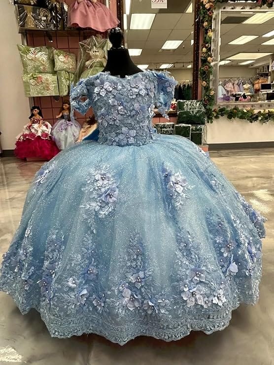 Sunnypetal Enchanted Ice Blue Tulle Ball Gown Flower Girl Dress with 3D Floral Appliqués