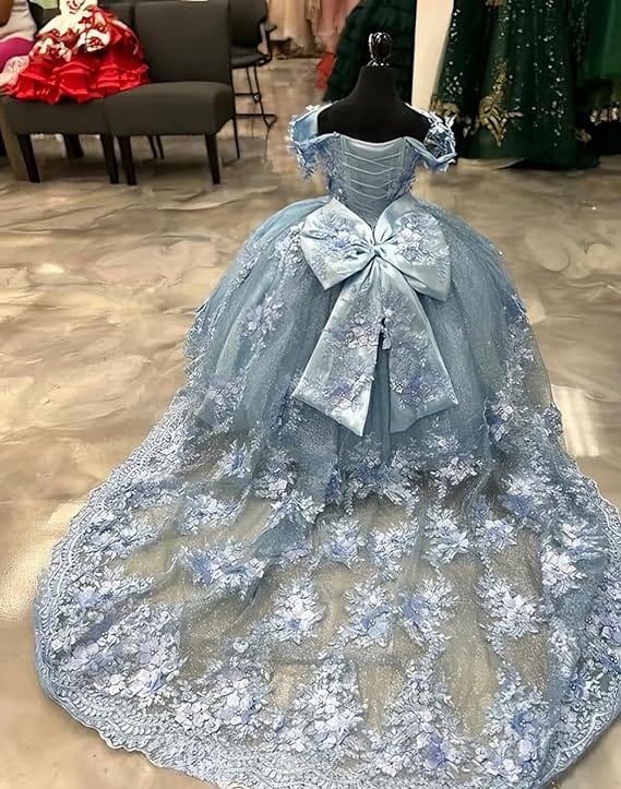 Sunnypetal Enchanted Ice Blue Tulle Ball Gown Flower Girl Dress with 3D Floral Appliqués
