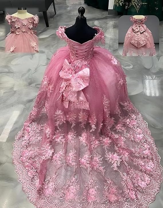 Sunnypetal Enchanted Ice Blue Tulle Ball Gown Flower Girl Dress with 3D Floral Appliqués