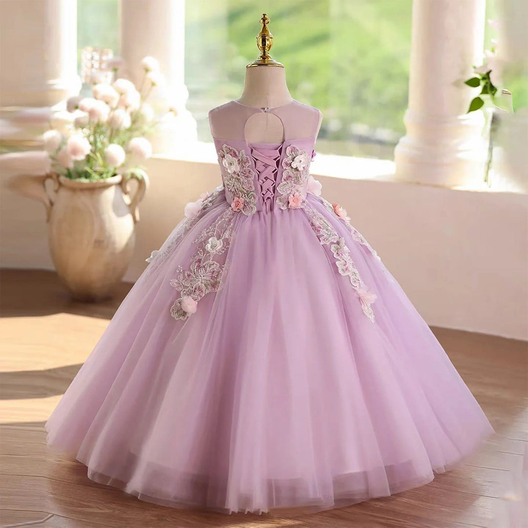 SunnyPetal Enchanted Lilac Floral Appliqué Tulle Princess Flower Girl Dress