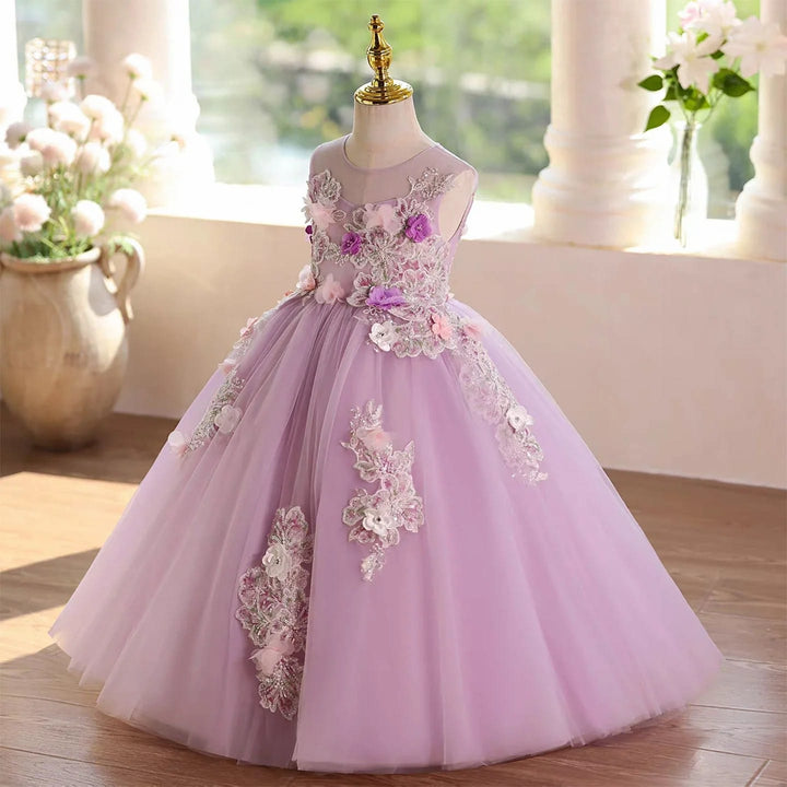 SunnyPetal Enchanted Lilac Floral Appliqué Tulle Princess Flower Girl Dress