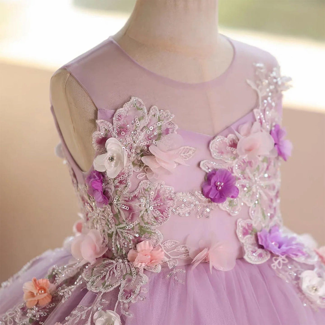 SunnyPetal Enchanted Lilac Floral Appliqué Tulle Princess Flower Girl Dress