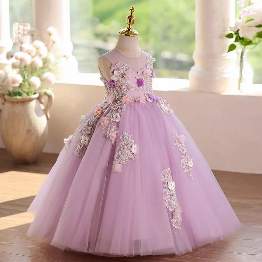 SunnyPetal Enchanted Lilac Floral Appliqué Tulle Princess Flower Girl Dress