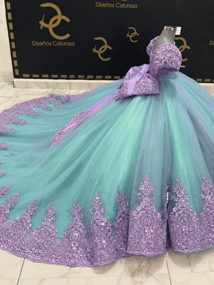 Sunnypetal Enchanted Mint Green &amp; Lavender Lace Flower Girl Dress with Oversized Bow